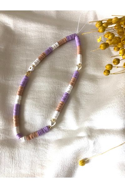 Stoneday Lilac Color Gold Star Pearl Detailed White Fimo Bead Phone Strap Ornament Charm