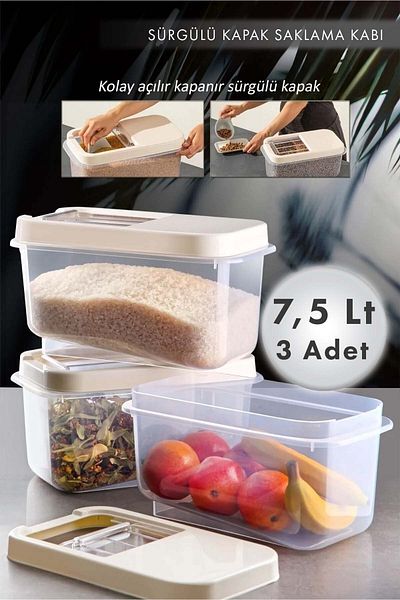 AES HOME 7.5 Lt Multi-Purpose Food with Easy Sliding Lid, Pulses and Etc. Storage Container 3 Pieces