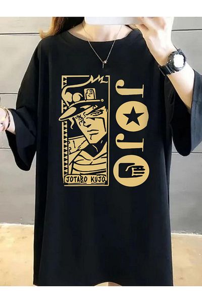 DEEPSENCE Tricou supradimensionat cu imprimeu frontal cu personaj anime Jojo negru pentru femei