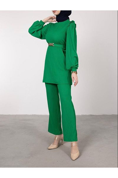 Damla Gold Chain Shoulder and Ruffle Detailed Hijab Top and Bottom Set