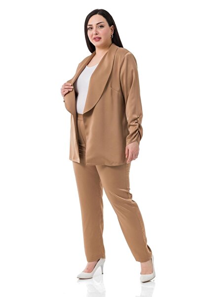 DISENTIS MODEST Plus Size Satin Mink Trousers with Elastic Side and Back Pockets