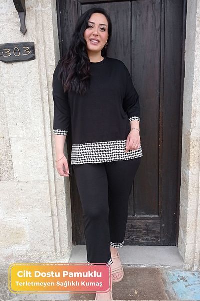 tarzımsüper Large Size 2-Piece Comfort Model Tunic with Trousers Stylish Crow's Feet Pattern Black Double Bottom-Top Set