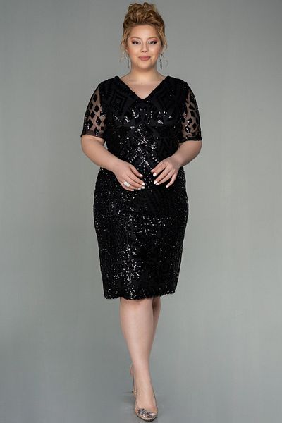 Abiyefon Black Short Sleeve Sequin Midi Plus Size Evening Dress Abk1624