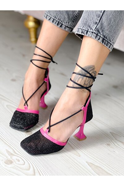 irmona صندل لارا بكعب فوشيا أسود ورباط