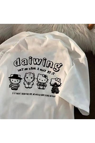 Gofeel Daiwing Patterned White Color Harajuku Unisex Oversize T-shirt