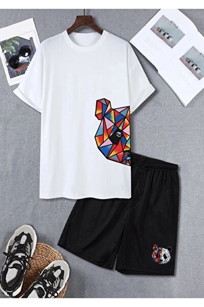 EgeModa Panda Printed Oversize Unisex T-shirt and Shorts Combination 2 Products