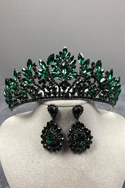 FdayAksesuar Set de coroană de mireasă și cercei cu pietre prețioase verde De...