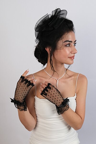 Limelia Μαύρα κοντά γάντια κοστουμιού και κομψό σετ καπέλων κοστουμιού