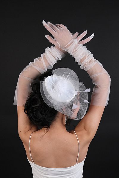 Hayalperest boncuk White Long Elbow Top Bridal Gloves and Wedding Cap Set