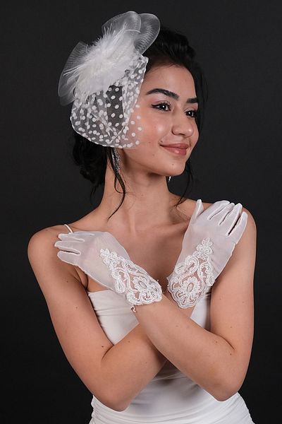 Hayalperest boncuk Polka Dot Bridal Wedding Hat and Lace Bridal Gloves