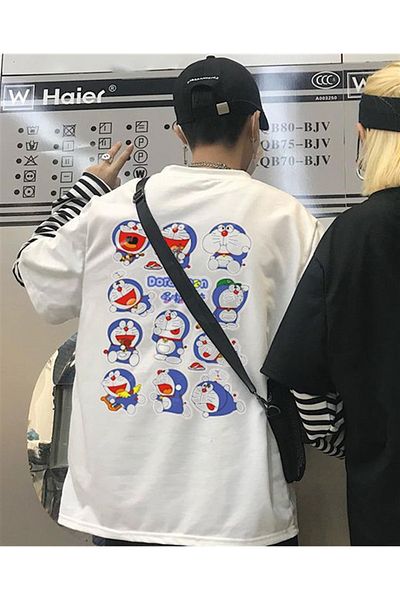 Touz Μπλουζάκι Unisex White Doraemon Collage με στάμπα Fake Sleeves