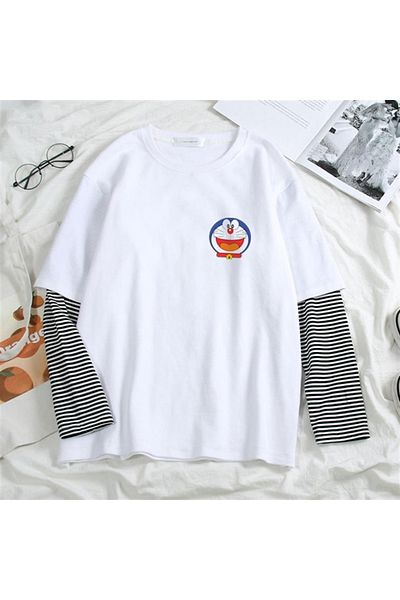 Touz Μπλουζάκι Unisex White Doraemon Collage με στάμπα Fake Sleeves