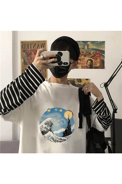 Touz Λευκό μπλουζάκι Unisex - Kanagawa Oki Nami Ura Printed, Fake Sleeves