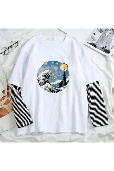 Touz Λευκό μπλουζάκι Unisex - Kanagawa Oki Nami Ura Printed, Fake Sleeves