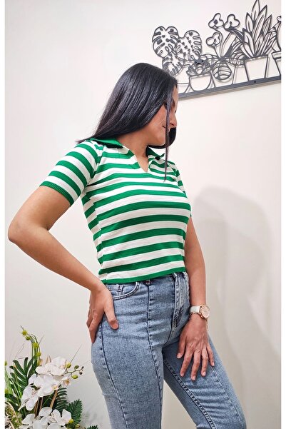 soi fashion Πράσινο και λευκό ριγέ μπλουζάκι με γιακά πόλο