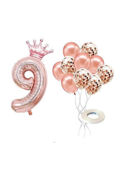 Patladı Gitti 9 Rakam Rose Gold Folyo Balon, Kral Tacı Ve Konfetili Rose Gold...
