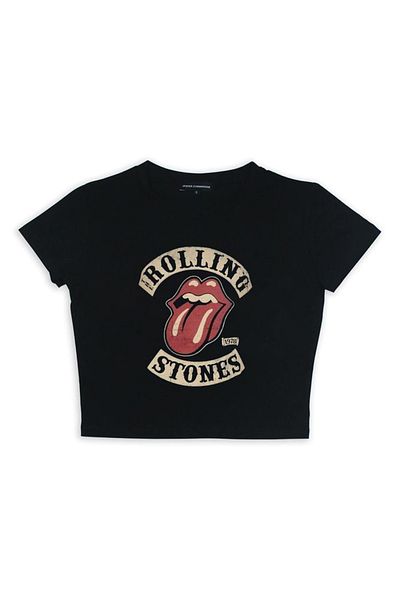 Gofeel Rolling Stones Patterned Black Color Harajuku Women's Crop Blouse T-Shirt