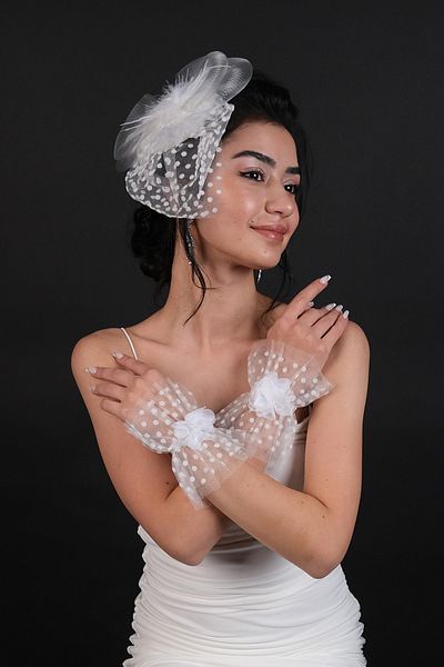 Hayalperest boncuk White Floral Patterned Polka Dot Bridal Gloves and Bridal Voile