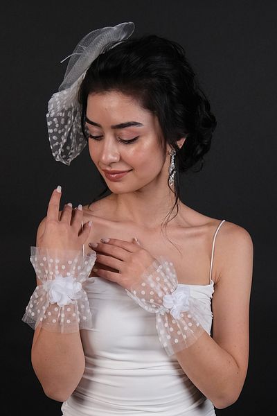 Hayalperest boncuk White Floral Patterned Polka Dot Bridal Gloves and Bridal Voile