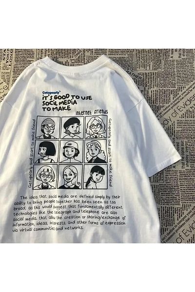 Gofeel Internet Friends Patterned White Color Harajuku Unisex Oversize T-Shirt