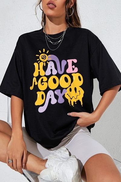MODAGEN Women's Black Have A Good Day Printed Oversize T-shirt