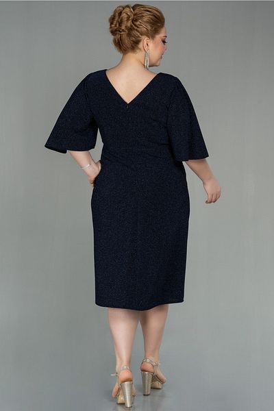 Abiyefon Navy Blue Short Sleeve V-Neck Midi Plus Size Evening Dress Abk1625