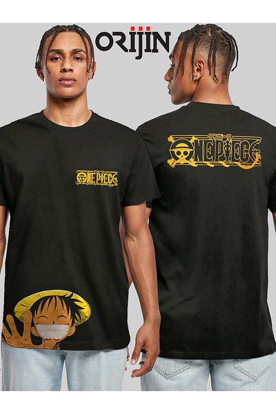 Orijin Tekstil One Piece Monkey D. Luffy Smile Front Back Printed Unisex Black T-shirt