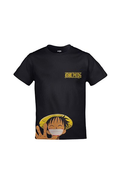Orijin Tekstil One Piece Monkey D. Luffy Smile Front Back Printed Unisex Black T-shirt