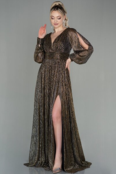 Abiyefon Bakır Uzun Kol Bacak Dekolteli Simli Abiye Elbise Abu2905