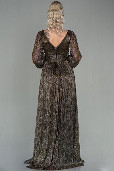 Abiyefon Bakır Uzun Kol Bacak Dekolteli Simli Abiye Elbise Abu2905