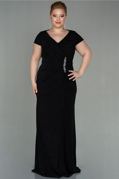 Abiyefon Black Short Sleeve Glitter Long Plus Size Evening Dress Abu2870