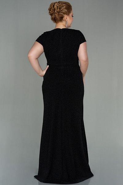 Abiyefon Black Short Sleeve Glitter Long Plus Size Evening Dress Abu2870