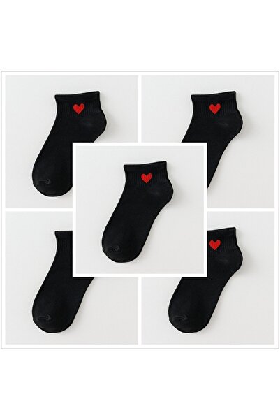 çorapmanya 5 Siyah Kalp Desenli Yarım Konç Kolej Tenis Çorap