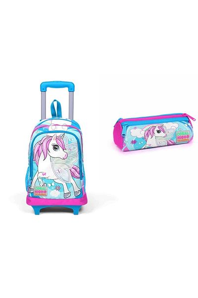 Yaygan Coral High Neon Pink Unicorn Patterned School Backpack and Pen Holder - Set of 2