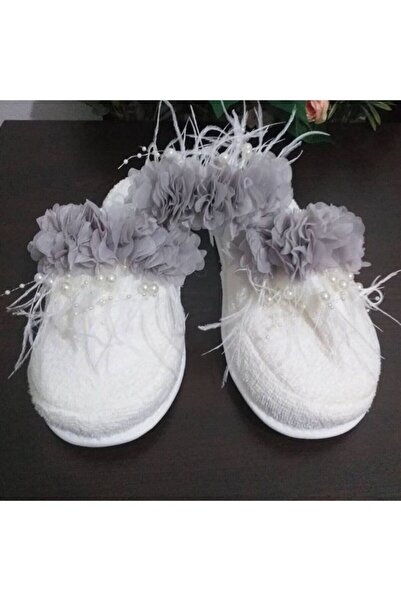 SÜSLÜTASARIM Women's Gray Maternity Slippers and Feathered Pearl Crown – Mate...
