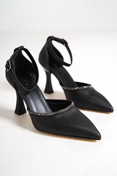 Modabuymus Topez Black Satin Stone Stiletto Heeled Shoes