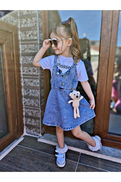 tunay moda Denim Dress, T-shirt and Strappy Bear Combination