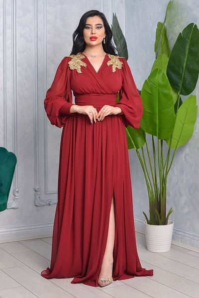 Matik Abiyem Chiffon Design V Off-Shoulder Flower Accessory Sleeves Long Balloon Transparent Long Evening Dress
