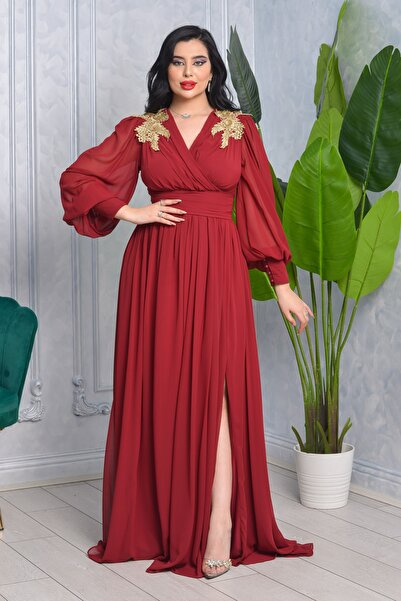 Matik Abiyem Şifon Tasarım V Dekolteli Omuzları Çiçek Aksesuarlı Kolları Uzun Balon Transparan Uzun Abiye