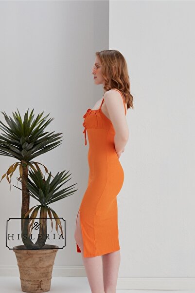 Hisleria Summer Summer Front Tie Slit Detail Midi Dress - Orange