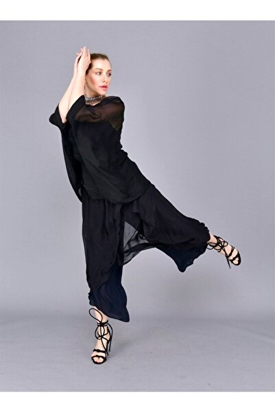 Hazinedan Kadın Siyah Asimetrik Kapaklı İpek Bohem italyan Şalvar Pantolon