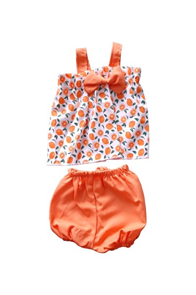 Dumledo Orange Patterned Strappy Shorts Top & Bottom Set of 2 (6-9-12 Months)