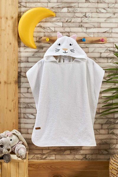 ELY PARKER Children's Beach Towel Hooded (3-8 Years) Inside-Outside Surface 100% Cotton White Cat