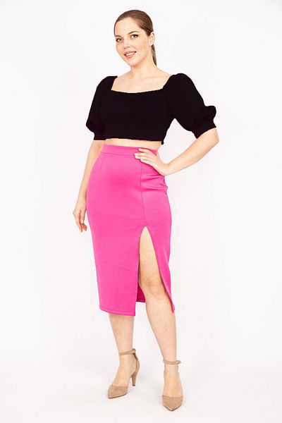 Şans Women's Fujya Large Size Scuba Fabric Back Hidden Zip Slit Skirt 65n35888