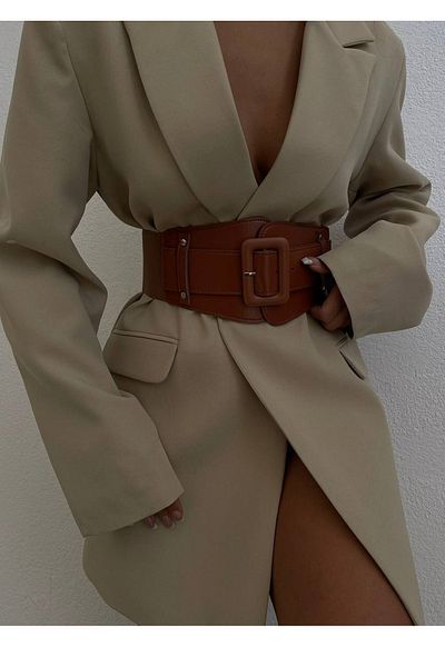 lovebox Women's Flexible Elastic Detailed Waist Corsage Big Buckle Faux Leather Brown Wide Women's Belt 1743
