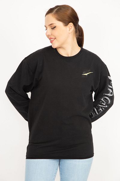 Şans Women's Black Large Size Cotton Fabric Sleeve Detailed Sweatshirt 65n35947