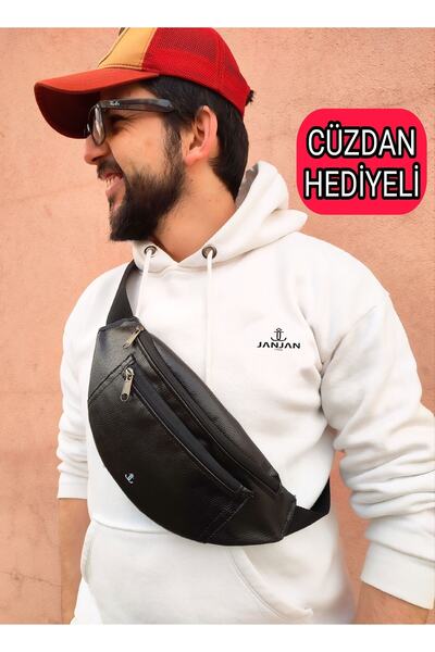 JANJAN Geantă de umăr și talie unisex din piele neagră cu 3 compartimente cu ...