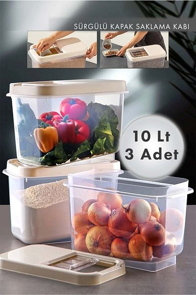 AES HOME 10 Lt Multi-Purpose Food with Easy Sliding Lid, Pulses and Etc. Storage Container 3 Pieces