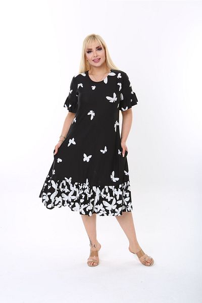 Mezura Plus Size Knee Length Sleeve and Skirt Ruffle Detailed Stylish Pocketed Viscose Combed Cotton Dress