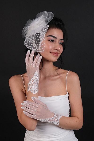 Hayalperest boncuk قفازات الزفاف Danetel المفصلة وقبعة الزفاف المنقطة